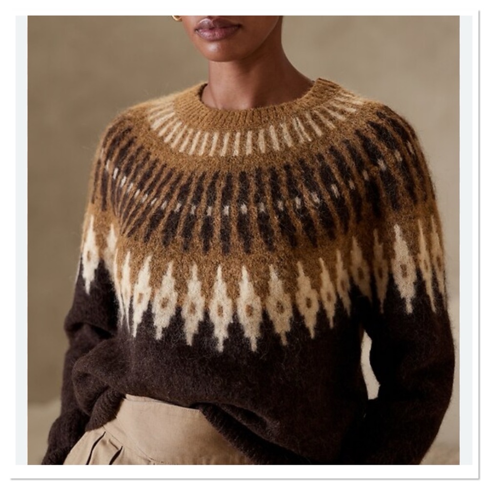 Banana Republic Fairisle Brown & Cream Crewneck Sweater Sz M Alpaca Blend